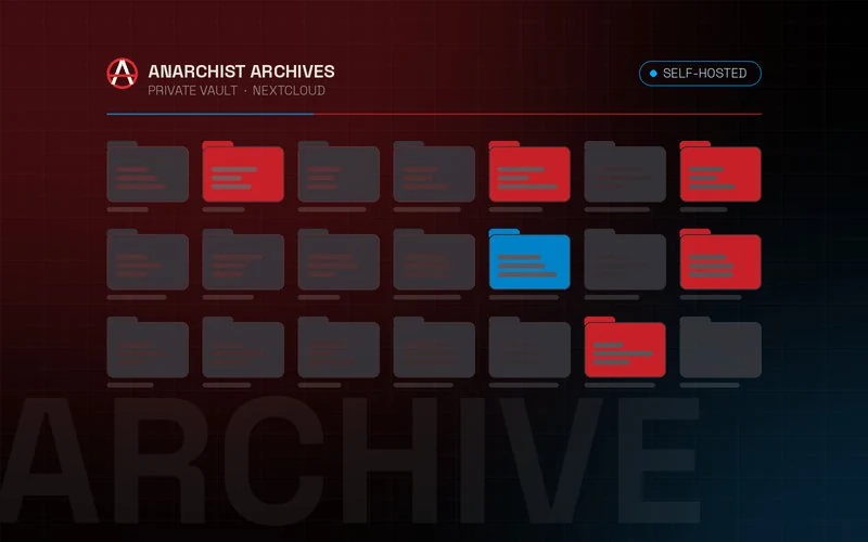 Illustration of the Anarchist Archives private Nextcloud vault: rows of archive folders