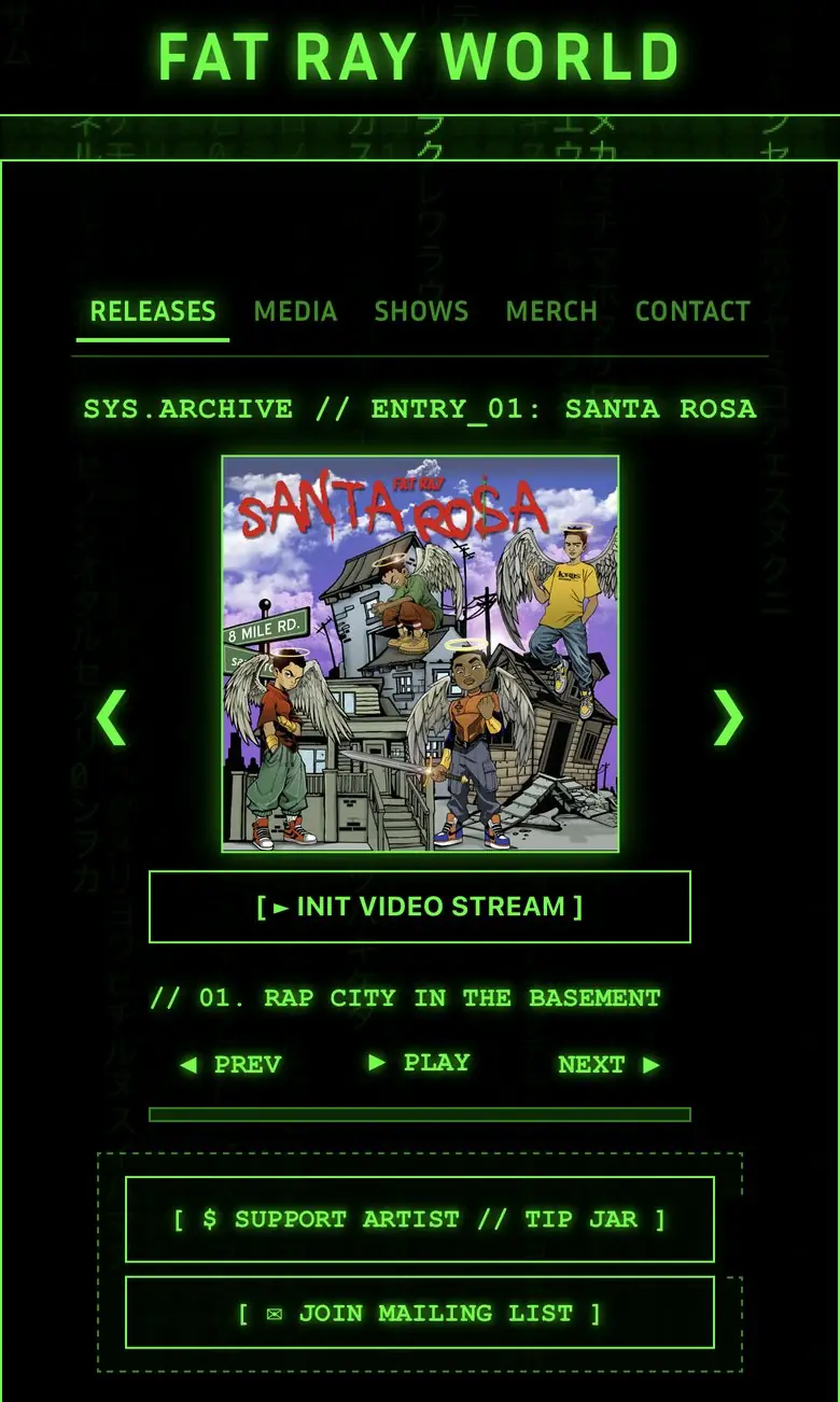 Fat Ray World homepage on an iPhone: releases, Santa Rosa cover art, tip jar and mailing list